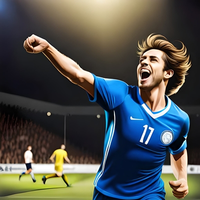Un footballeur au maillot bleu heureux d'avoir gagné son match
