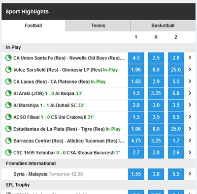 Section 'Sports' de Betfair